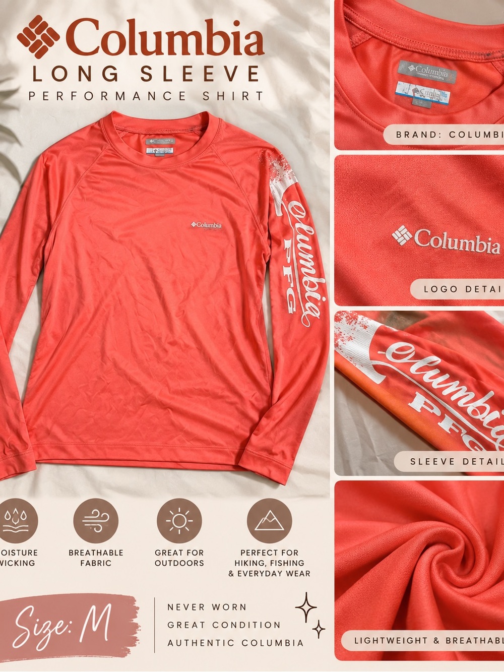 Columbia Long Sleeve Performance Shirt - Coral/White